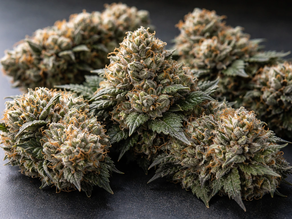 Dense mid-flower Godfather OG cannabis buds with sparkling trichomes in natural light