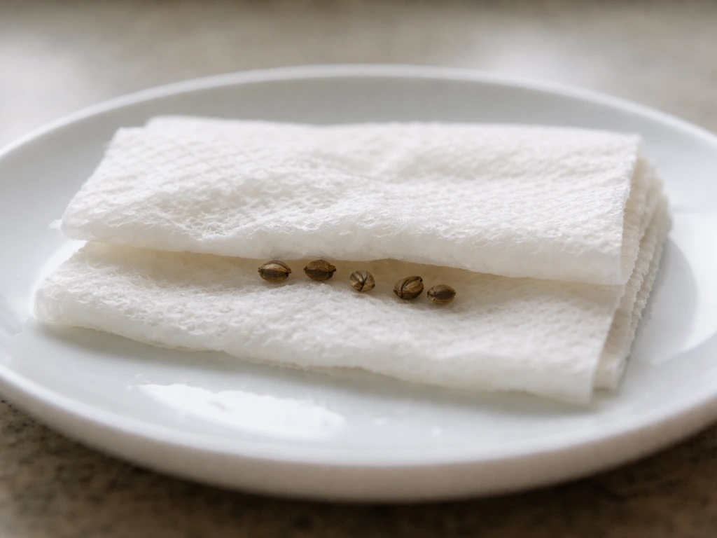 Close-up of damp paper towels with cannabis seeds folded between them on a clean white plate.