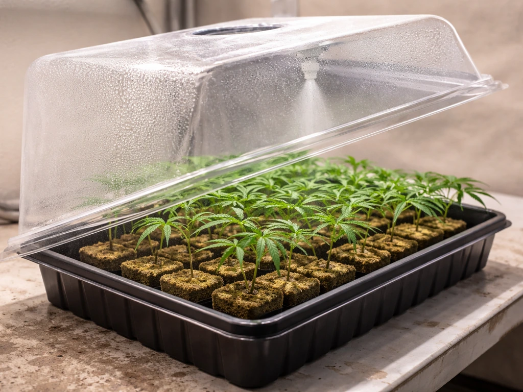 Godfather OG clone cuttings in moist medium inside a clear humidity dome with misting and condensation.