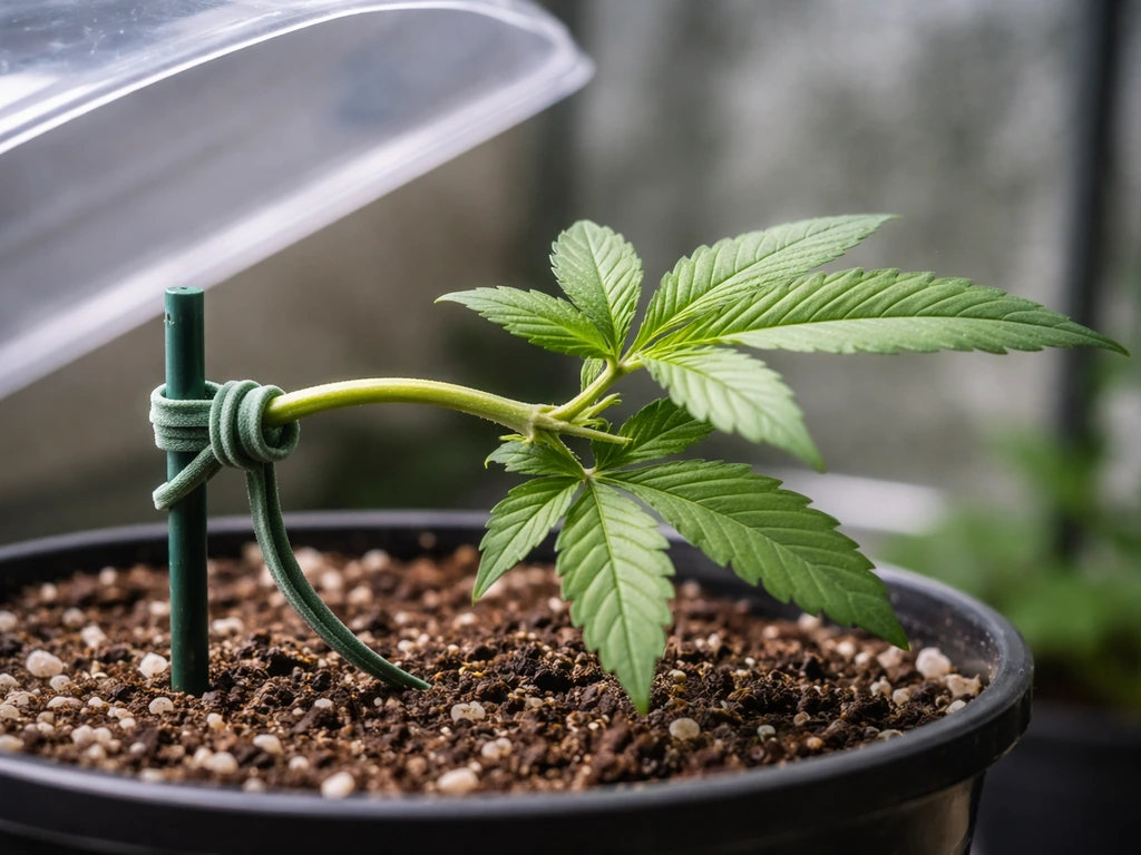 Small seedling gently bent and tied for low-stress training in a simple indoor setup.