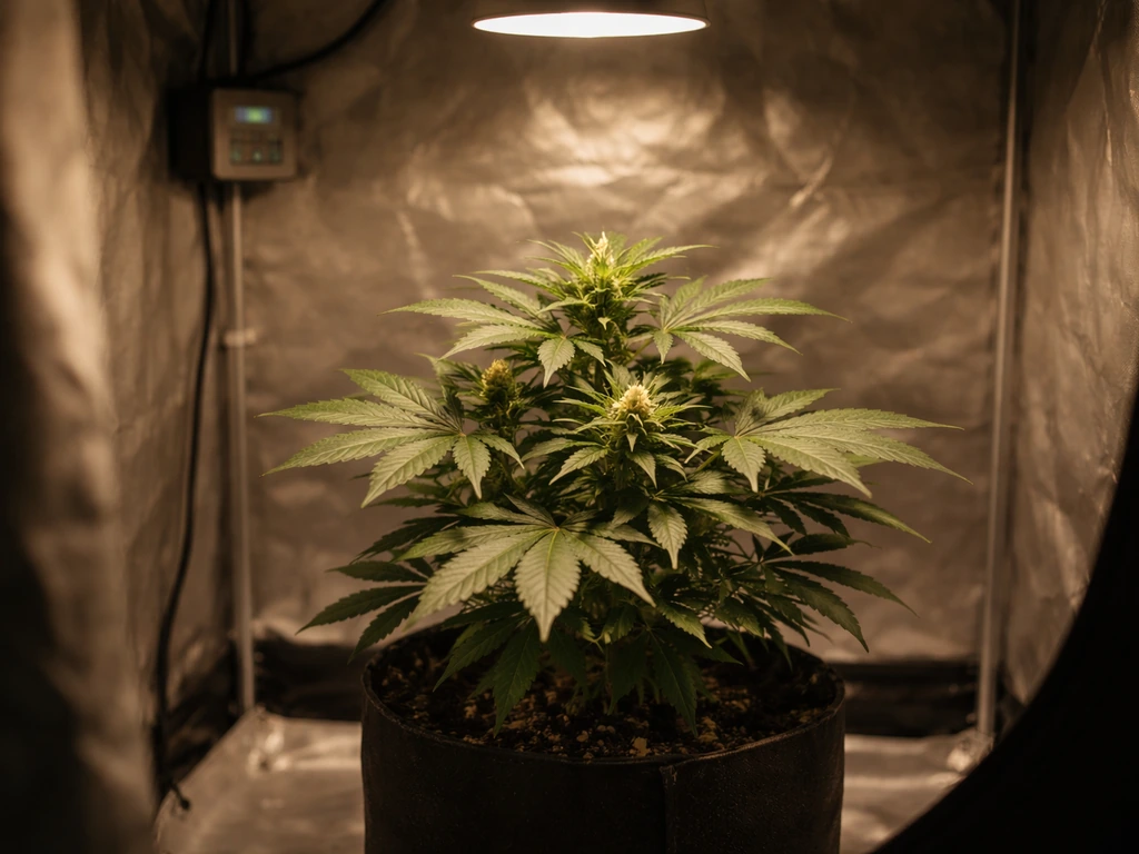 Indoor grow tent with an early-flowering plant beside a dim timer, after switching to 12/12 light schedule.