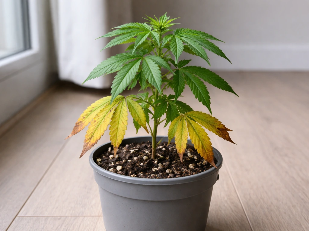 Indoor plant close-up showing yellowing older lower leaves next to healthy green leaves.