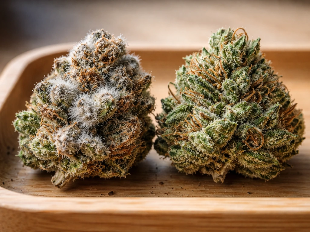 Close-up of dense cannabis buds showing gray mold on one bud next to a healthy bud