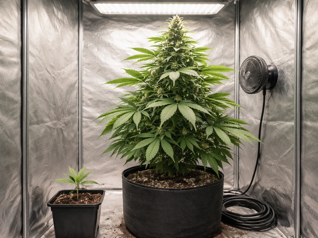 Single grow tent scene showing a cannabis plant progressing from seedling to flowering stage.
