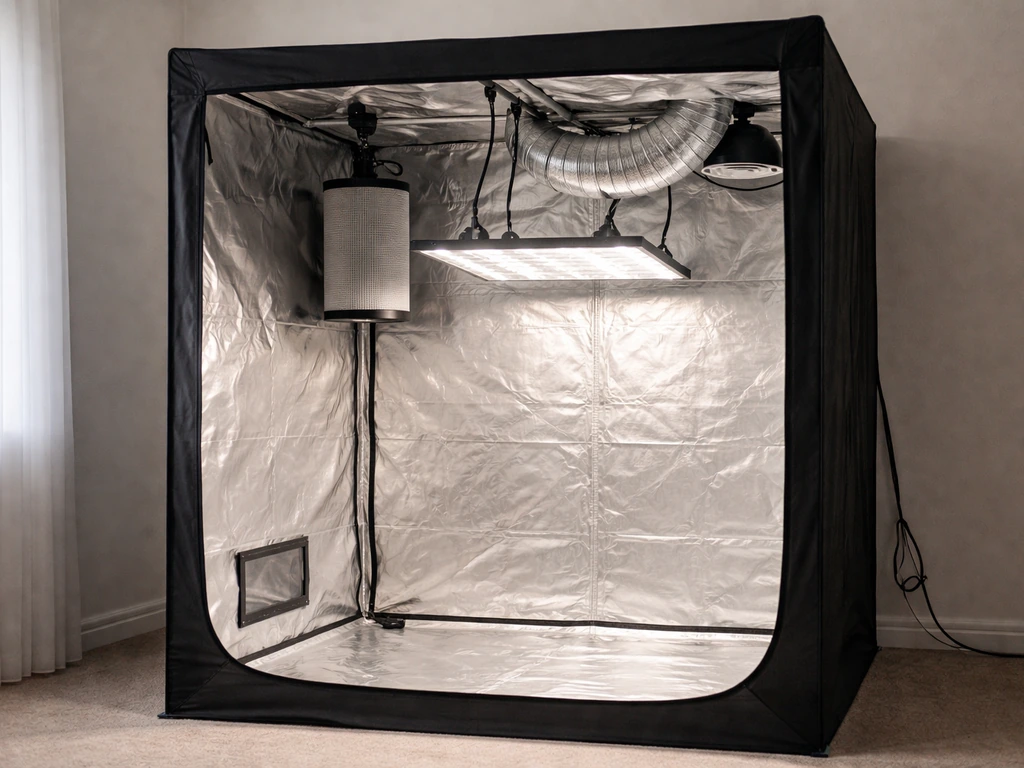 Minimal indoor 4x4 grow tent with LED light, carbon filter, and visible ducting inside.