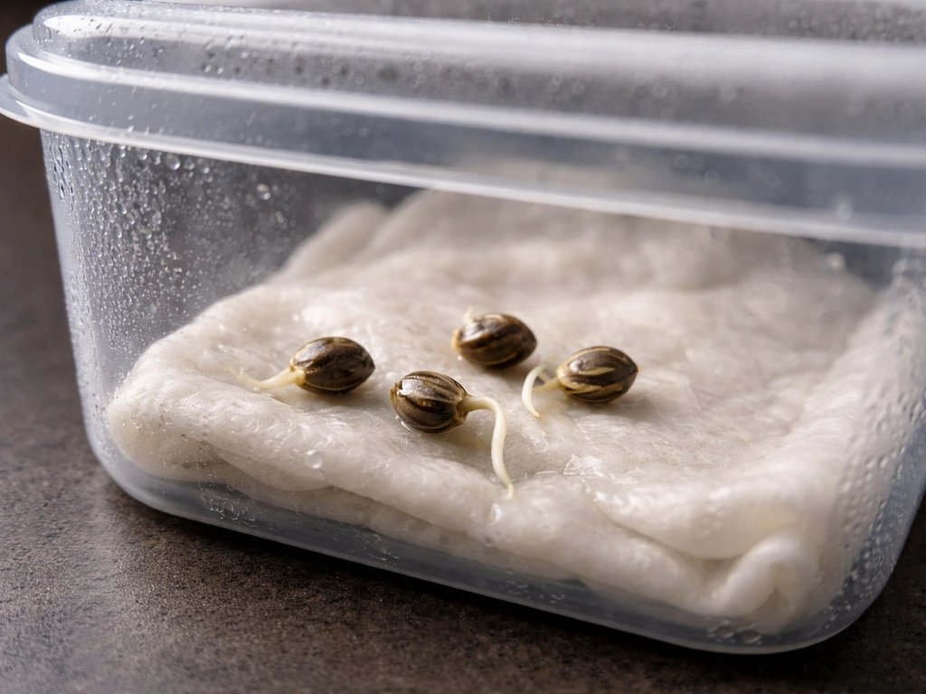 Close-up of cannabis seed germination in a damp paper towel inside a sealed clear container.