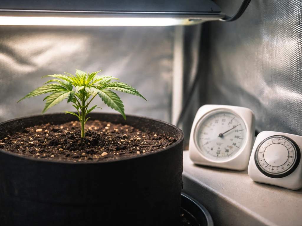 Rooted clone in a small grow container under a veg light, with nearby humidity/temperature tools and a timer.