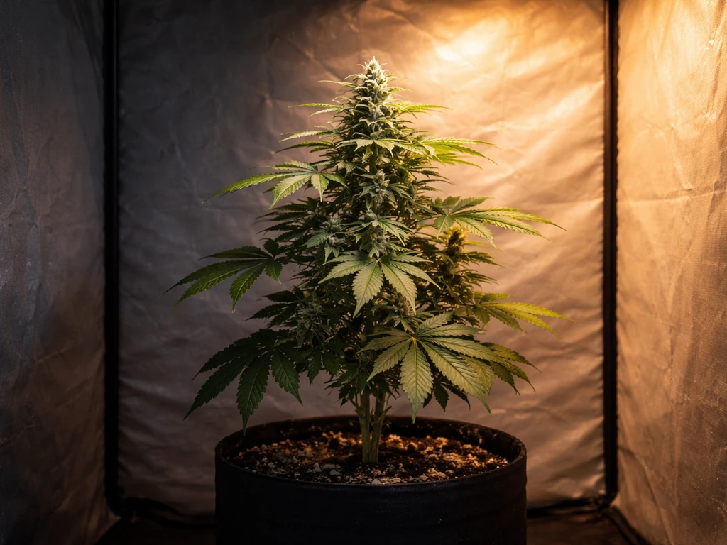 Indoor photoperiod cannabis plant in a simple tent during the light-off to light-on switch cycle.