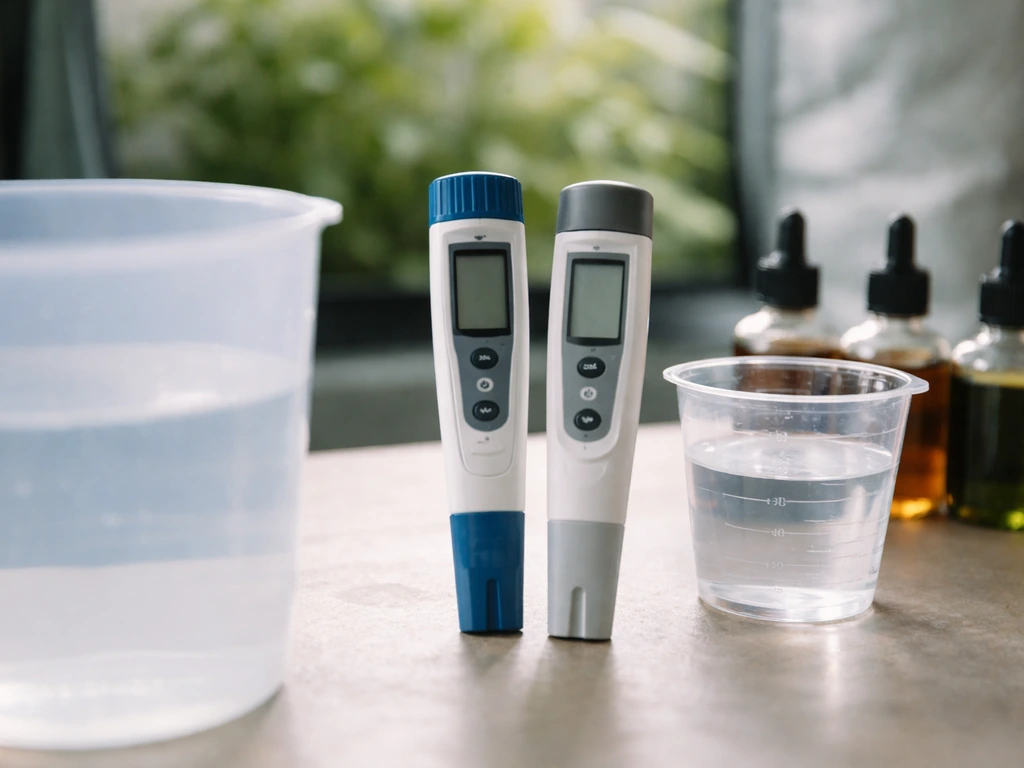Calibrated pH and EC meters beside nutrient bottles and a water mixing container in a tidy grow area.