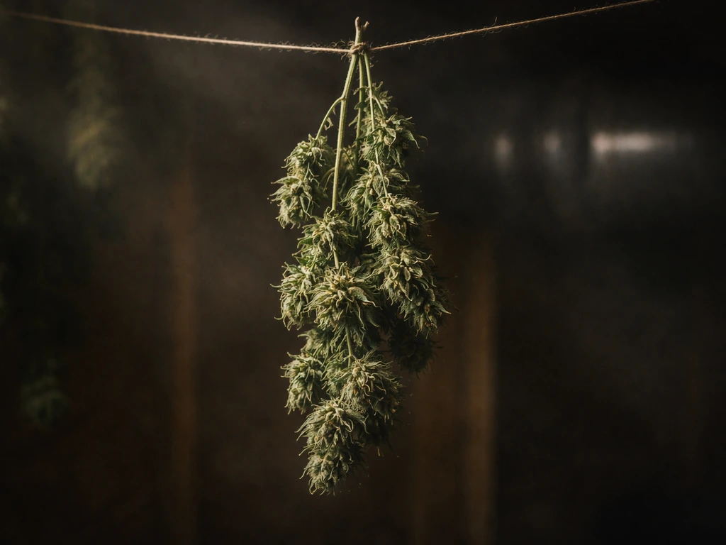 Fresh cannabis branch hung in a dark drying room with intact buds and steady airflow