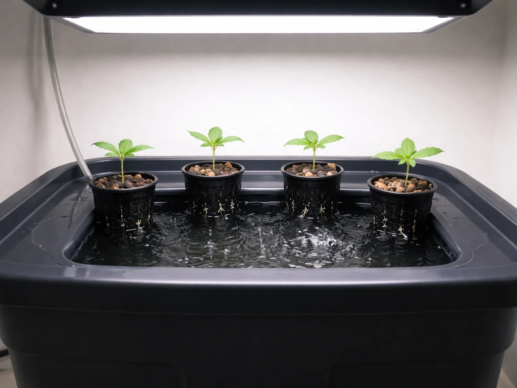 Small cannabis seedlings in net pots in a DWC-style hydroponic setup under an LED grow light.