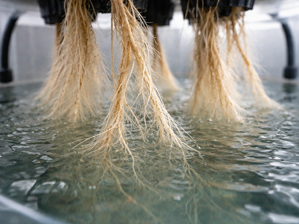 Close-up of cannabis roots suspended in clear nutrient water, showing hydroponic growth without soil.