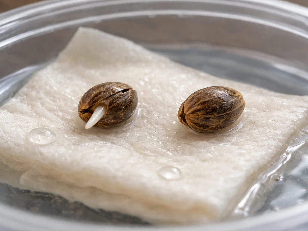 Close-up of cannabis seeds germinating with a tiny taproot in a clean starter setup