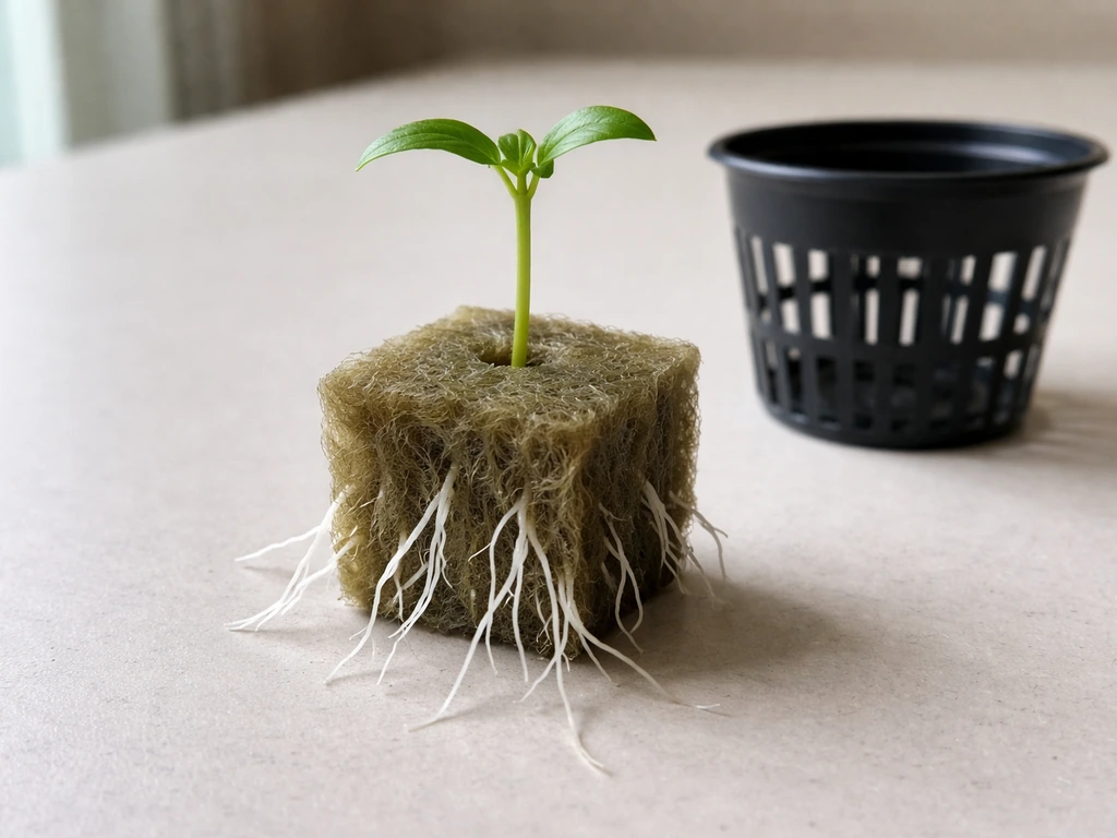 Young seedling with visible roots in a starter cube, next to a hydroponic net pot ready for transfer.