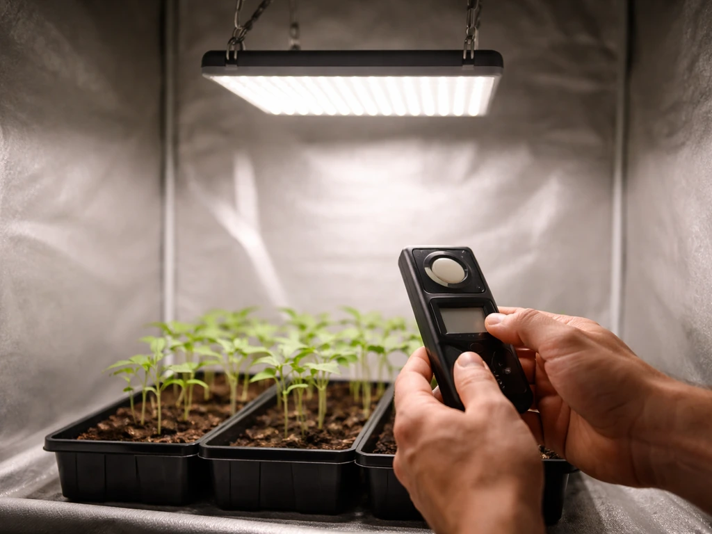 LED grow light inside a small grow tent with a worker using a handheld meter near seedlings.