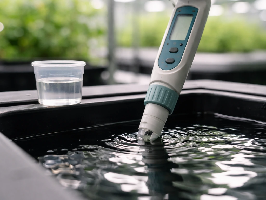 Close-up of a pH probe in hydro reservoir water with calibration solution nearby.