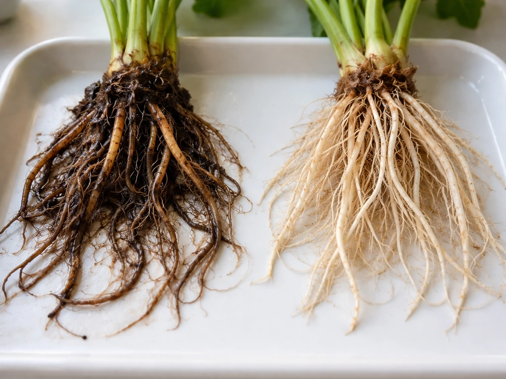 Close-up of brown slimy roots with foul smell contrasted against white firm healthy roots on a tray.