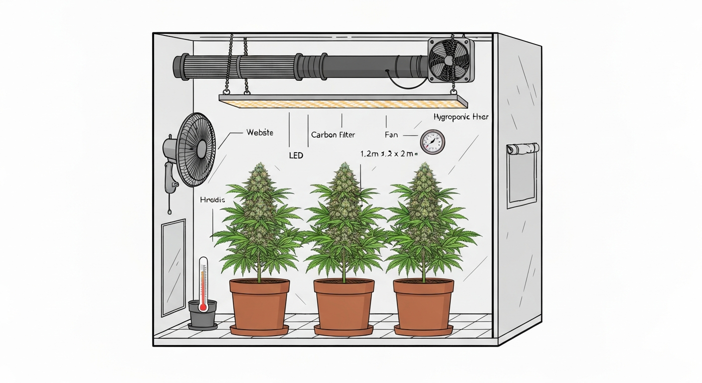 Stylized illustration of an indoor grow tent for White Widow showing LED light, carbon filter, fans, hygrometer, reflective walls, and frosty plants.