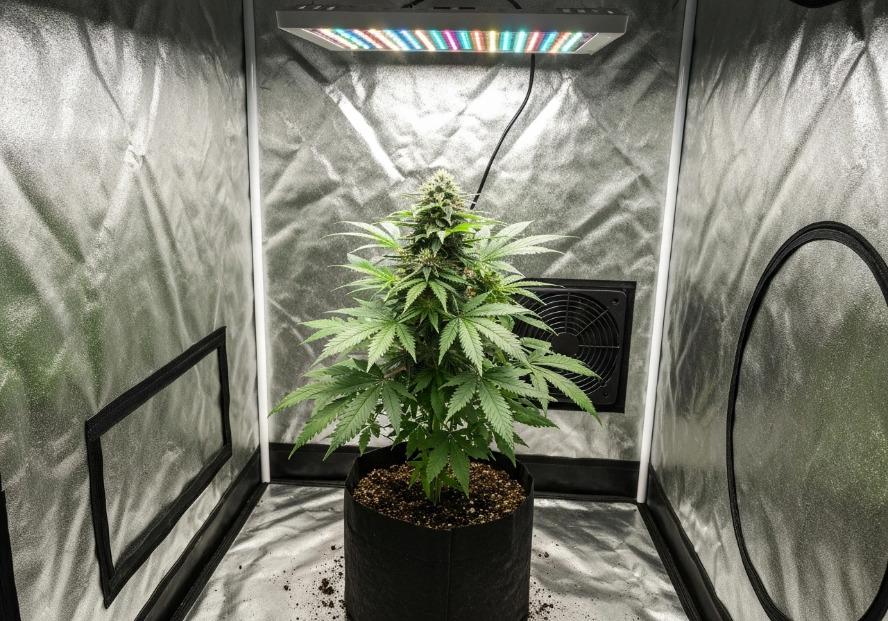 Indoor grow tent with a healthy cannabis plant thriving under LED lights in a simple beginner setup