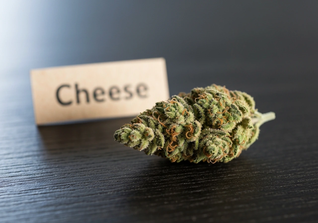 Close-up of a cannabis bud in soft light, with a small strain tag reading “Cheese” nearby.