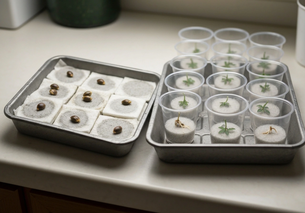 Split view of germinating cannabis seeds in a tray versus rooted cannabis clones in small rockwool cups.