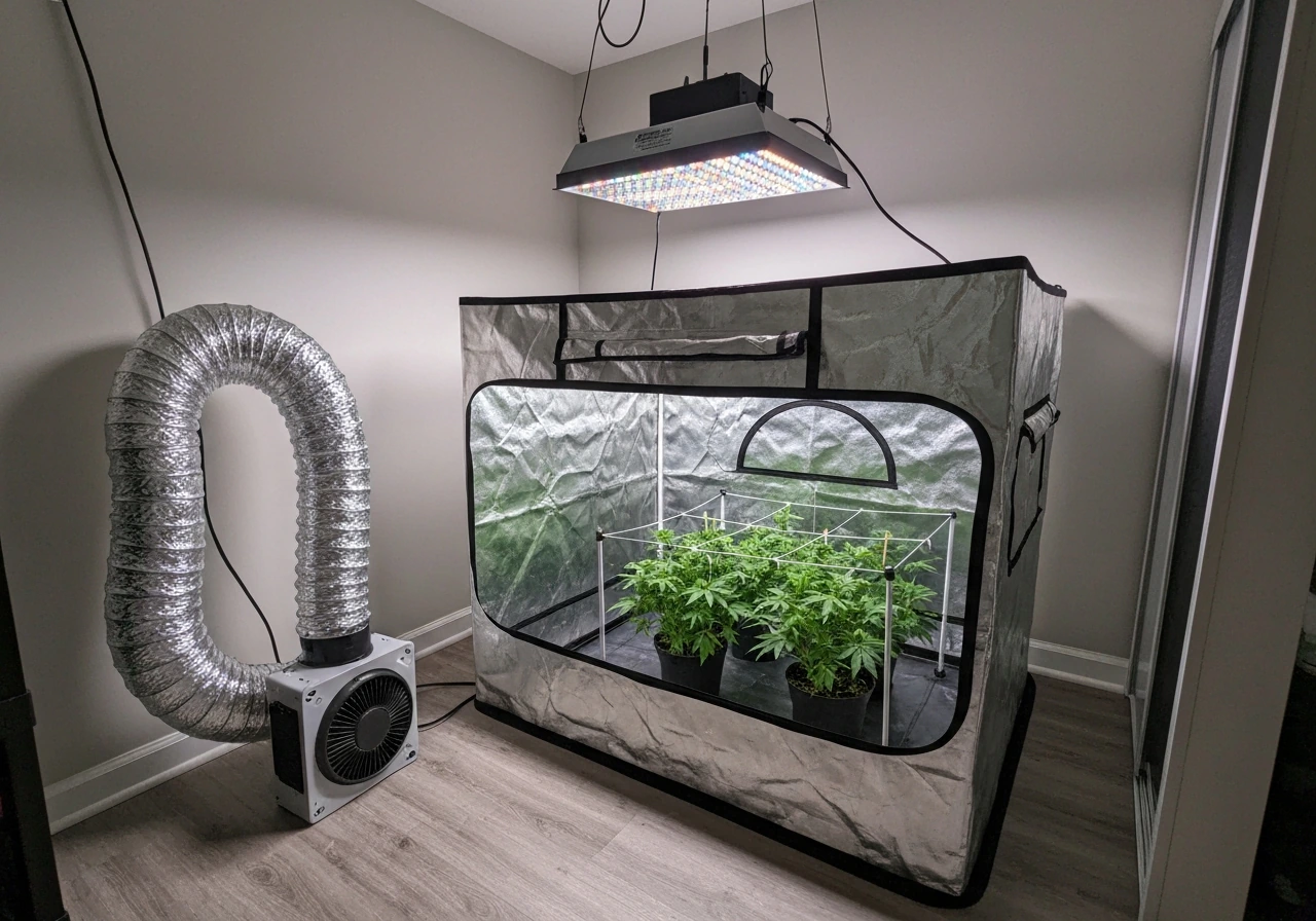 Open grow tent with LED light, inline fan/filter ducting, and early-stage green plant canopy inside.