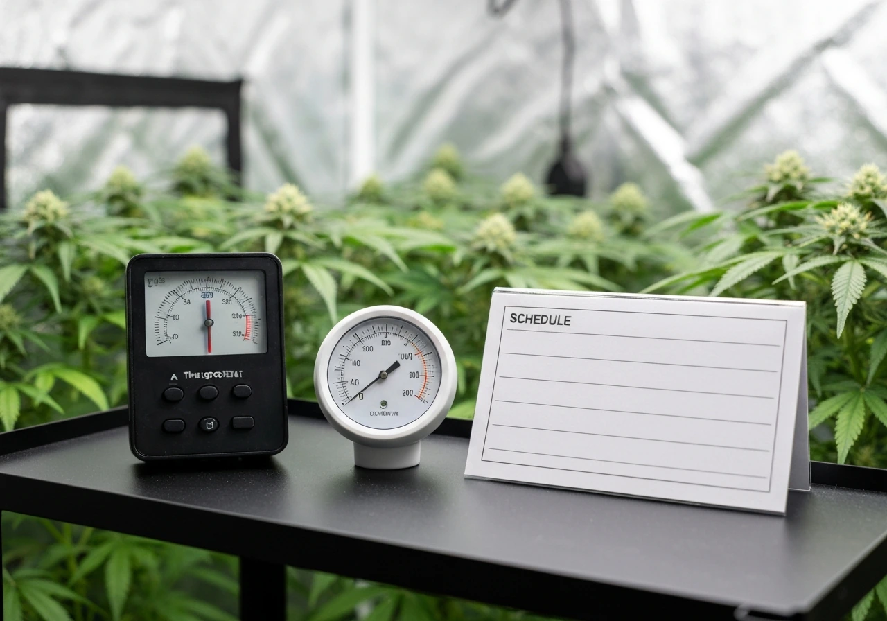 Small grow-area control devices beside a simple schedule card over blurred plants and lighting.