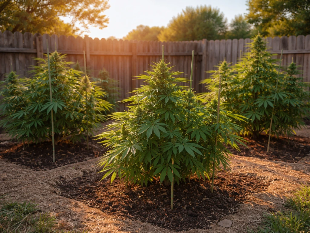 Golden-hour photo of healthy cannabis plants in a fenced Oklahoma backyard garden.