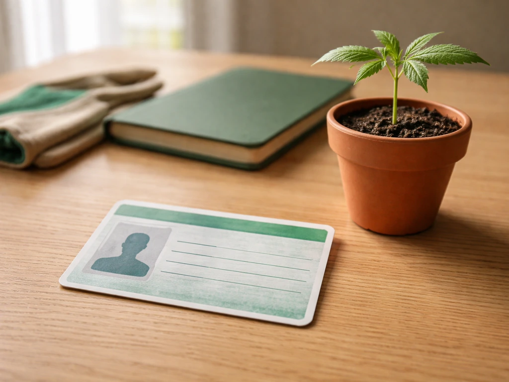 Close-up of an Oklahoma medical marijuana patient license card on a clean desk with a subtle plant sprout nearby