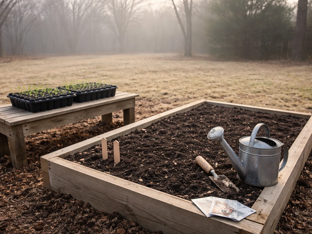 Minimal Oklahoma backyard garden scene with planting tools and frost-weather atmosphere, month-by-month timing theme
