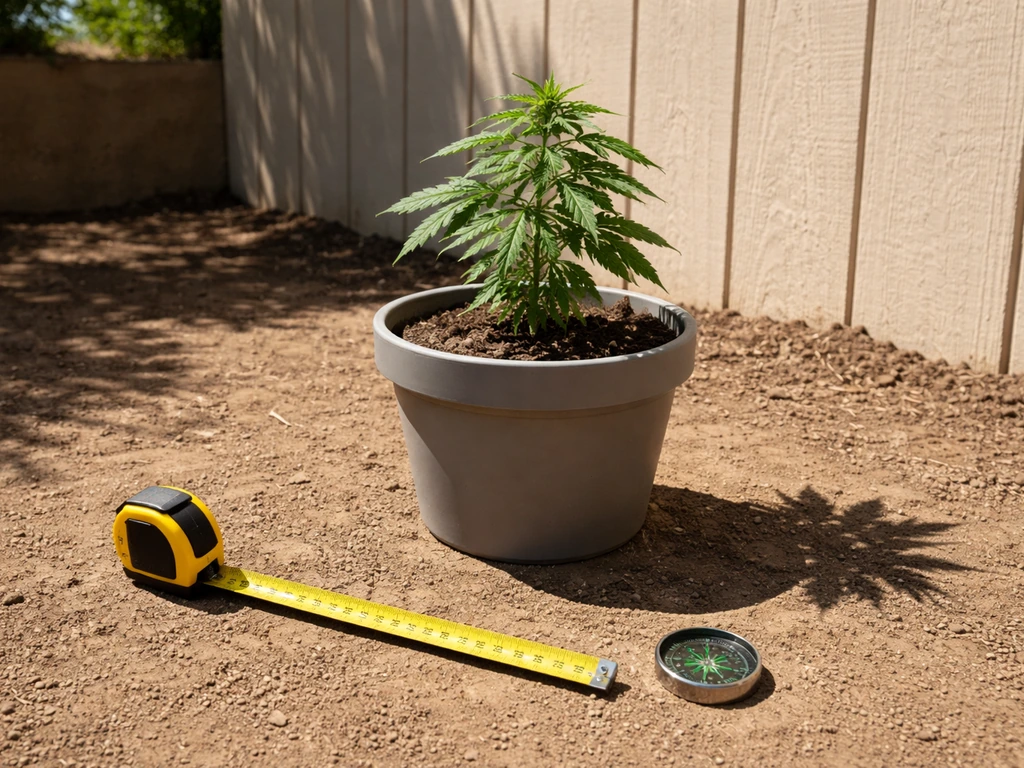 Small potted cannabis plant positioned in direct sun with measuring tape and compass on the ground.