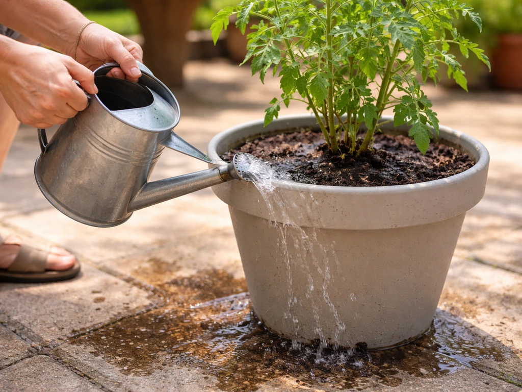 Hands water a potted plant in summer heat, with visible soil soaking and runoff from the container bottom.