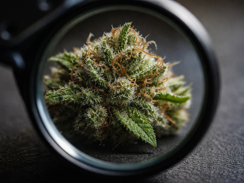 Close-up of flowering cannabis bud under a jeweler’s loupe, trichomes visible for harvest readiness.