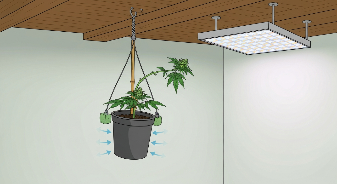 Vector illustration of an upside-down hanging cannabis plant in a compact suspended pot, with the stem curving upward toward an LED light and hardware (foam collar, bamboo stake) visible.