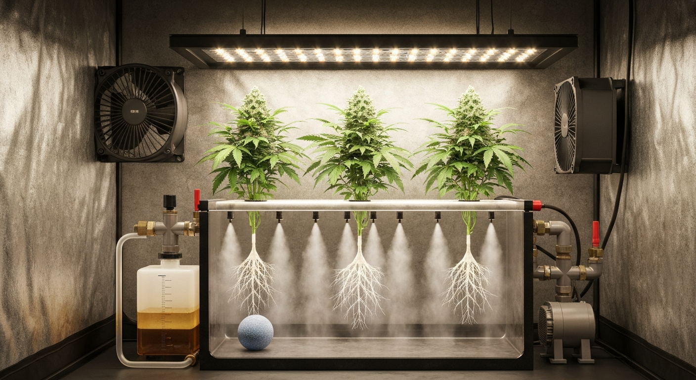 Cutaway view of a home aeroponic cannabis setup showing plants above, roots suspended and misted inside a dark chamber, with pump and reservoir below.