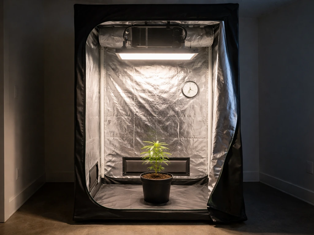LED-lit indoor cannabis grow tent in winter with ducting and a small gauge showing temperature and humidity