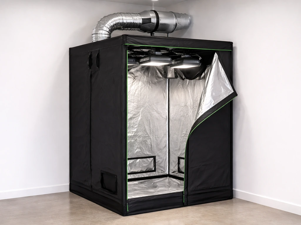 Minimal photo of a 2x4 grow tent with exhaust fan and ducting showing negative-pressure airflow setup.