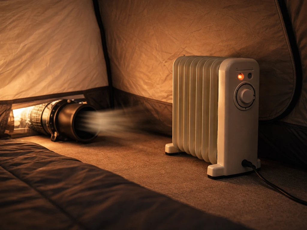 Inside a camping tent, an electric oil-filled radiator and a running exhaust fan with vents and thermostat dials visible