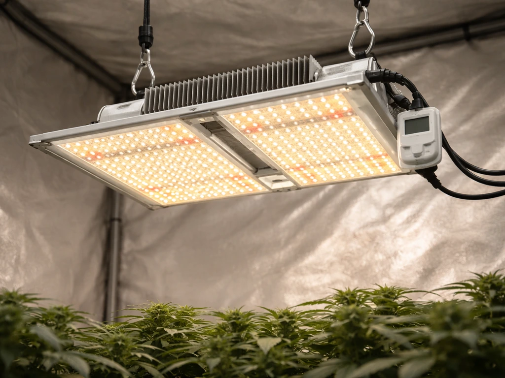 Close-up of an LED grow light above a cannabis canopy with a timer device in view