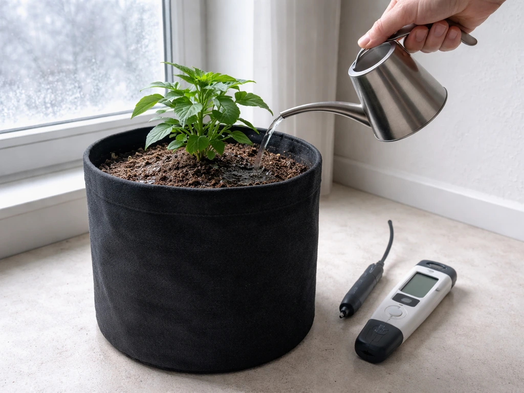 Hand top-watering a small pot in winter while a pH/EC meter sits nearby on a clean floor.