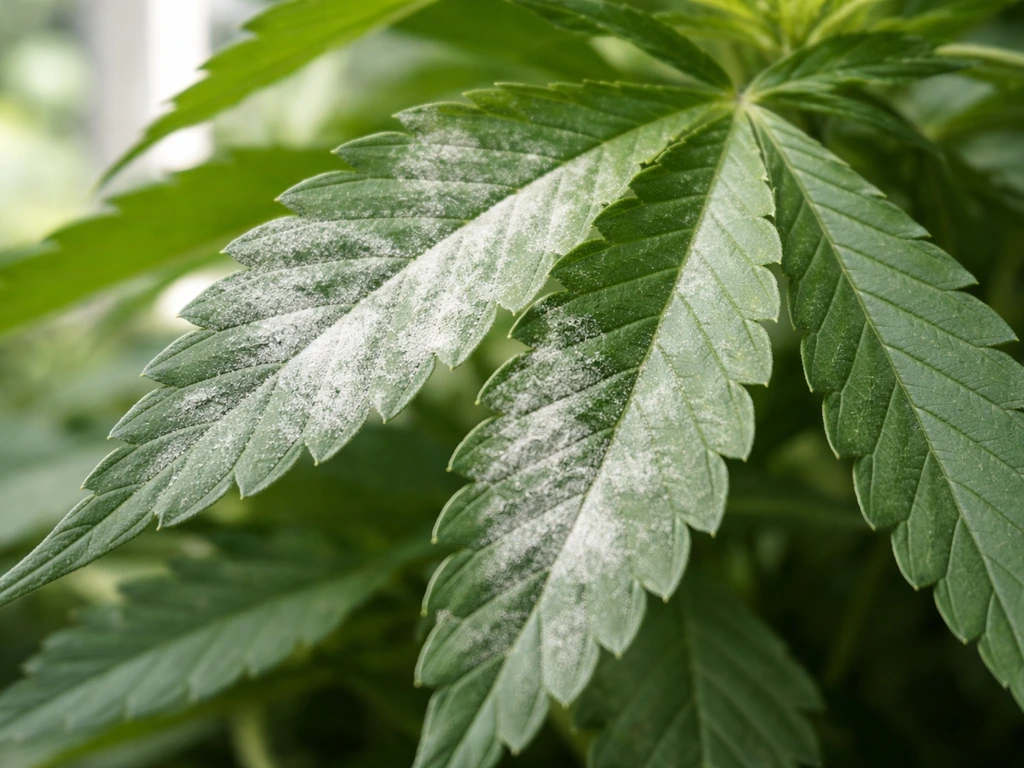 Close-up cannabis leaves where one shows white dusty powdery mildew and the other looks healthy and green.