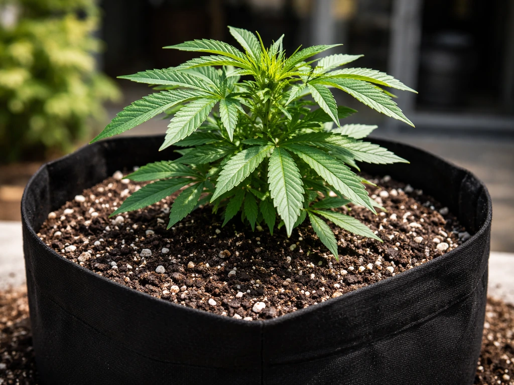 Vibrant cannabis plant in a fabric pot beside loose, well-draining soil mix texture outdoors