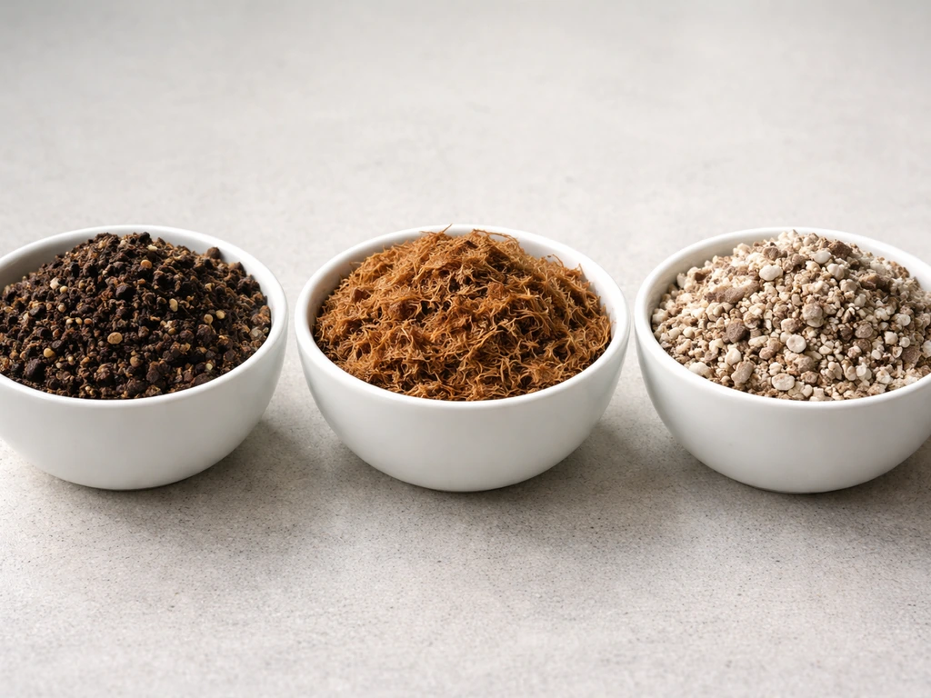 Close-up of loose cannabis soil and coco-like media textures in separate bowls