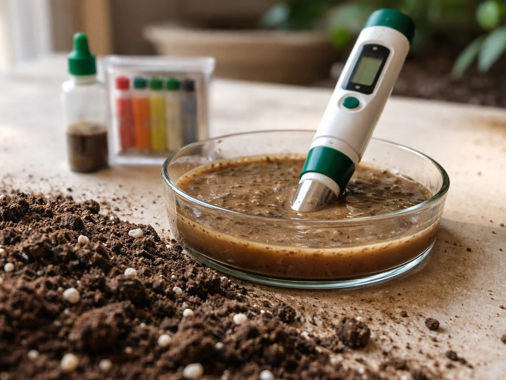 Close-up of a pH meter and soil slurry test kit resting on cannabis soil sample.