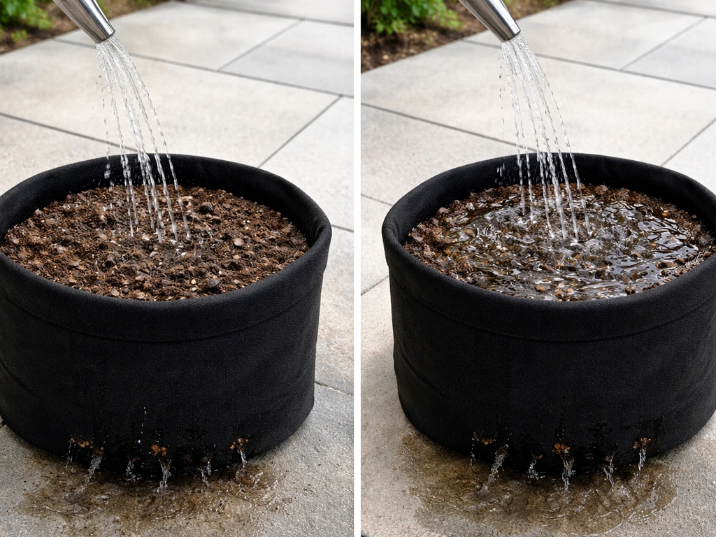 Two pots side-by-side showing fast draining soil versus waterlogged soil pooling on top.