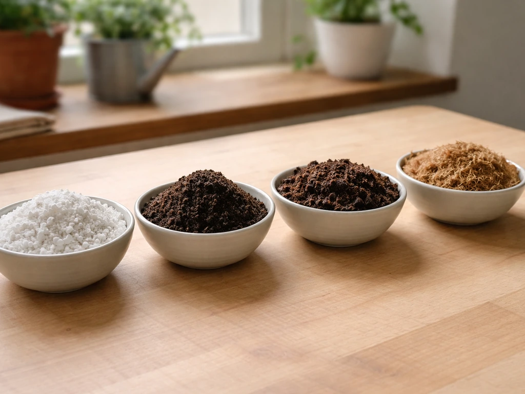 Neatly arranged bowls of perlite, worm castings, compost, and coco/coir on a minimal table.