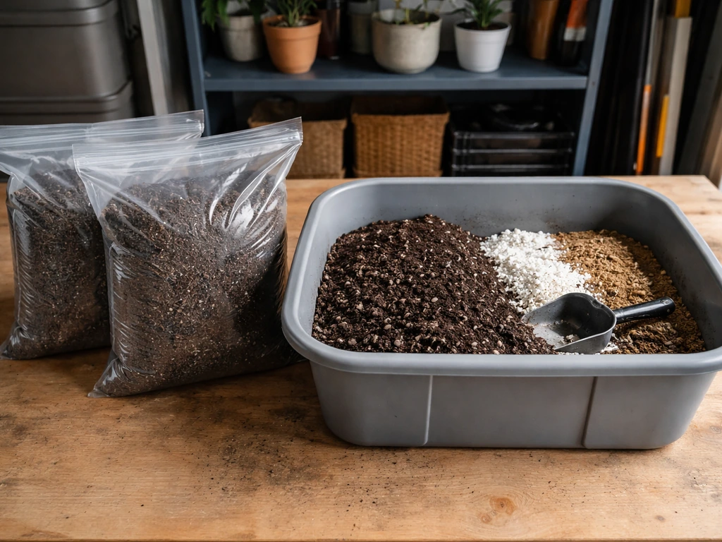Split view of sealed pre-mixed soil bags and an open mixing tub with measured components