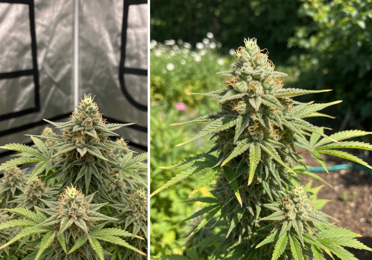 Split indoor grow tent and sunny garden showing flowering OG Kush-style buds side by side