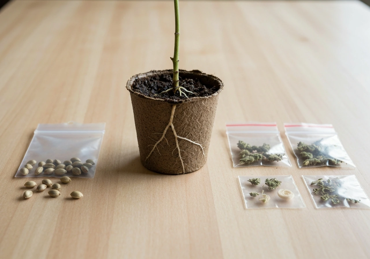 Minimal tabletop with cannabis seeds, a rooted cutting, and unlabeled sample fragments suggesting OG Kush options.
