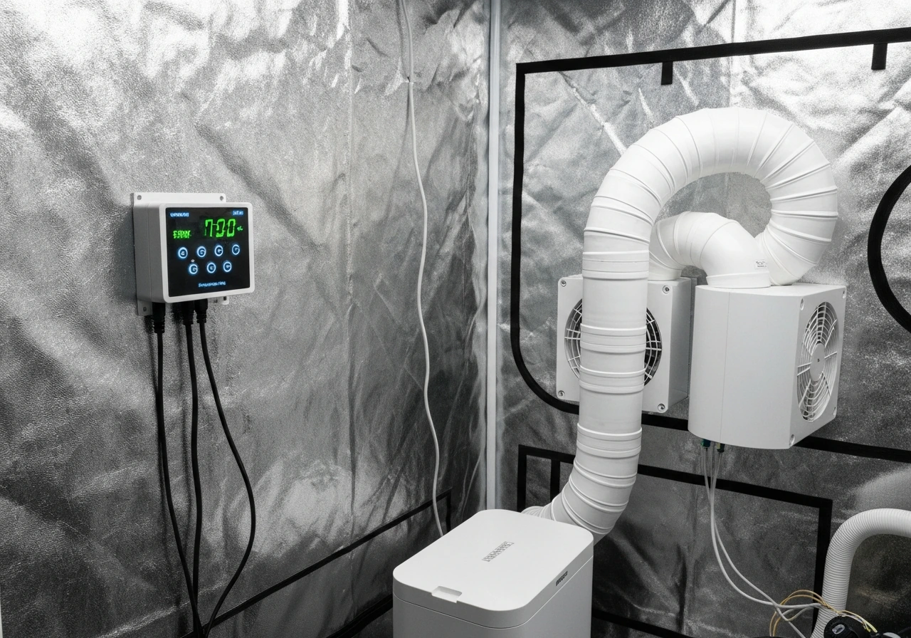 Minimal indoor grow tent interior showing humidity control devices and dehumidifier/fan setup.
